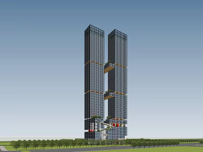 Modern Office Building Featuring Two Tall Towers Glass Facade And Surrounding Greenery 3d model