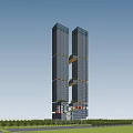 Modern Office Building Featuring Two Tall Towers Glass Facade And Surrounding Greenery