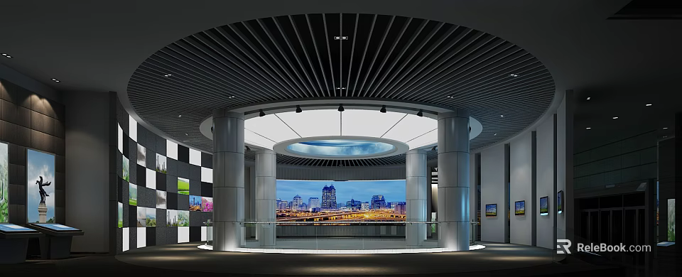 Modern Hall Interior With Slatted Circular Ceiling Large Screen Cityscape And Columns 3d model