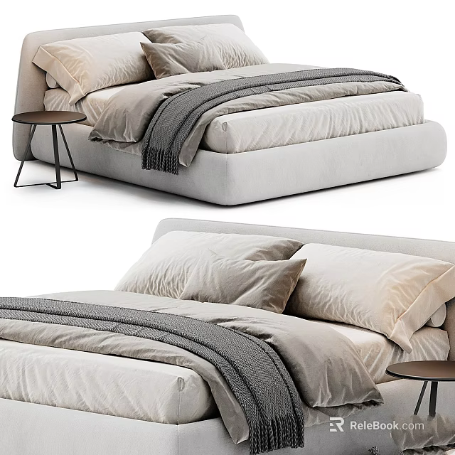 Modern Bedroom With Neutral Tone Bed Linens And Small Round Side Table 3d model