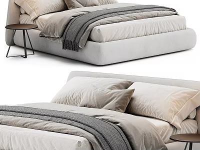 Modern Bedroom With Neutral Tone Bed Linens And Small Round Side Table 3d model