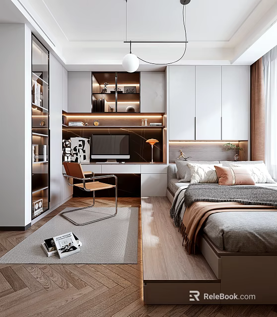 Modern Tatami Bedroom Interior Design With Storage Desk Chair Bookshelf And Soft Lighting 3d model 