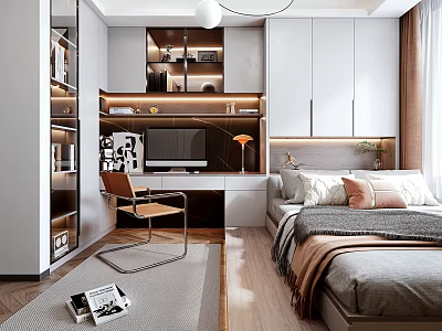Modern Tatami Bedroom Interior Design With Storage Desk Chair Bookshelf And Soft Lighting 3d model