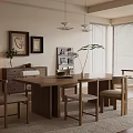 Modern Wooden Dining Table Set With Upholstered Chairs Wall Art And Potted Plant