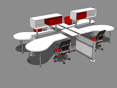 Curved Office Desks With White Partitions And Red Chairs For Workstations 3d model