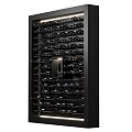 Elegant Modern Wine Cabinet Interior With Neatly Arranged Wine Bottles And Central Decorative Light