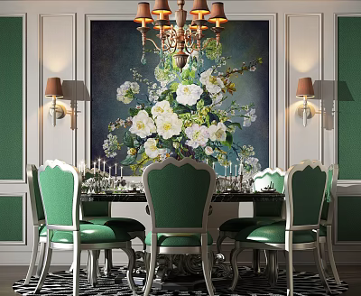Luxurious Dining Set With Green Upholstered Chairs Floral Painting And Chandelier Against Green Paneled Walls 3d model