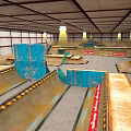 Indoor Skate Park With Multiple Ramps Blue Wooden Structures Gray Floor Red Signs And Ceiling Lights