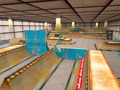 Indoor Skate Park With Multiple Ramps Blue Wooden Structures Gray Floor Red Signs And Ceiling Lights 3d model