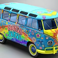 Colorful Volkswagen Bus Featuring Flower Power Peace Symbols Floral Patterns and Rainbow Design
