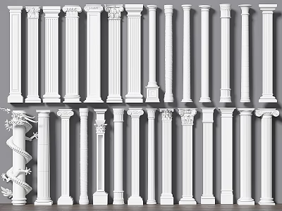 Various Roman Columns Displaying Classic and Modern Decorative Designs and Ornate Details 3d model