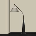 Modern Minimalist Floor Lamp with Beige Fabric Shade Curved Black Stand and Conical Wooden Base