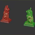Traditional Stone Lion Statues Terracotta Colored With Gray Square Bases Paired On Black Reflective Surface
