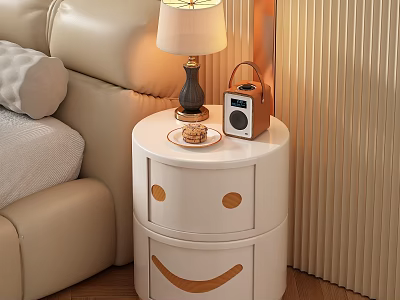White Bedside Table With Smiley Face Drawers Lamp Radio And Small Plate In Bedroom 3d model