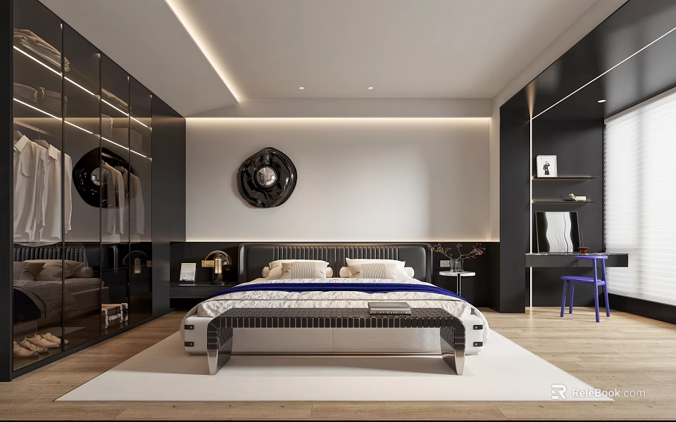 Elegant Modern Bedroom Interior Design With Platform Bed Mirror Closet And Circular Art 3d model 