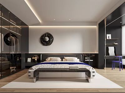 Elegant Modern Bedroom Interior Design With Platform Bed Mirror Closet And Circular Art 3d model
