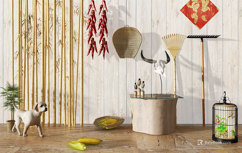 Rustic Garden Ornaments with Bamboo Screen Hanging Red Chili Peppers Straw Hat and Bull Skull 3d model 