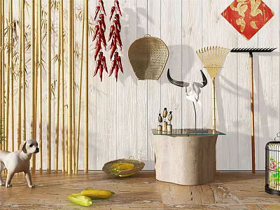 Rustic Garden Ornaments with Bamboo Screen Hanging Red Chili Peppers Straw Hat and Bull Skull 3d model