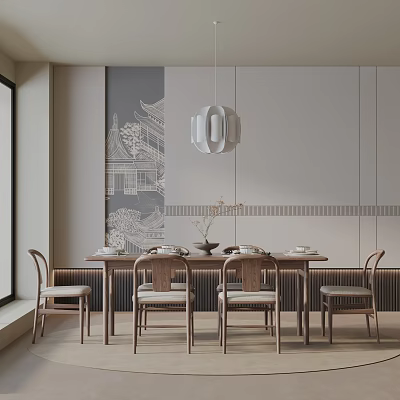 Modern Chinese Style Dining Table Set With Wooden Chairs Oriental Wall Art And Pendant Light 3d model