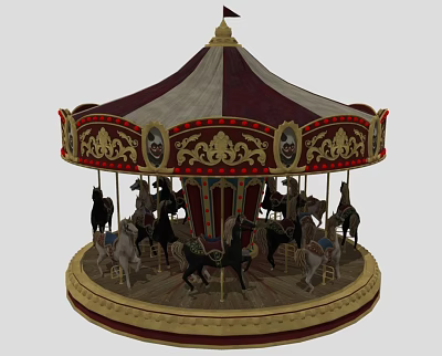 Carousel Amusement Ride With Red And White Canopy Golden Decorations And Horse Figures 3d model