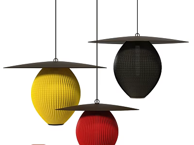 Stylish Yellow Red and Black Pleated Lantern Shaped Pendant Lights with Flat Top Design 3d model