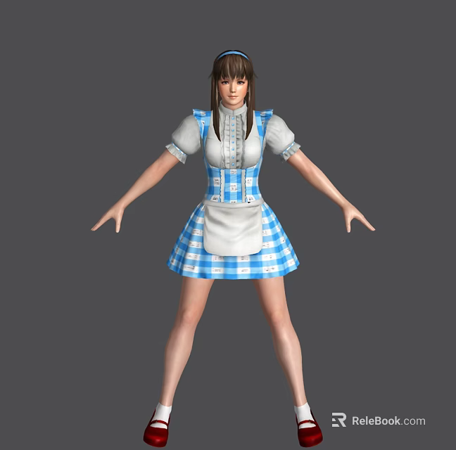 Game Movie Character Wearing Blue White Plaid Maid Dress Brown Hair Headband Arms Outstretched 3d model 
