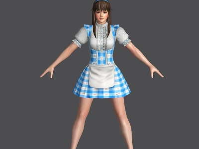 Game Movie Character Wearing Blue White Plaid Maid Dress Brown Hair Headband Arms Outstretched 3d model