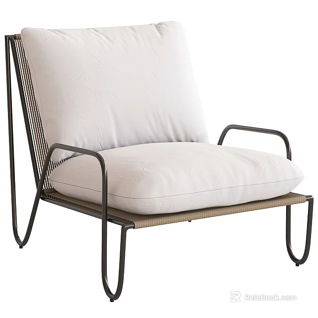 Modern Lounge Chair With Black Metal Frame White Cushions And Wicker Seat Design 3d model 