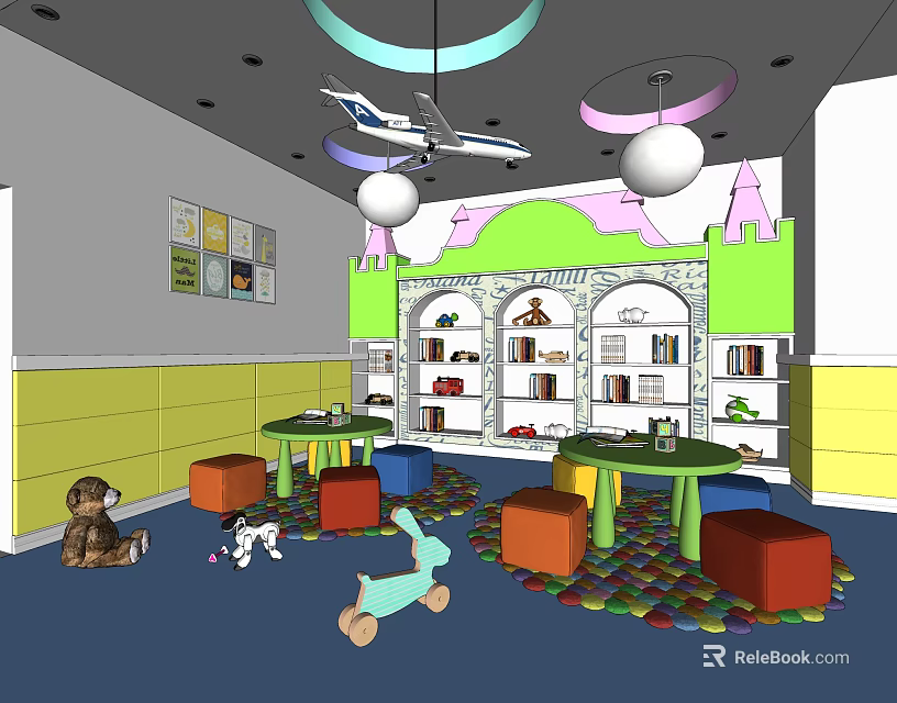 Kindergarten Indoor Play Area With Colorful Seats Toys Bookshelves And Floor Mats 3d model 