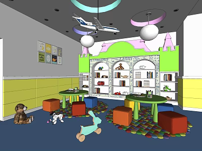 Kindergarten Indoor Play Area With Colorful Seats Toys Bookshelves And Floor Mats 3d model