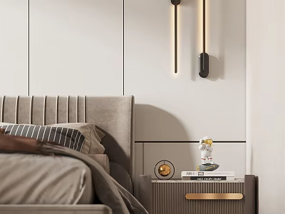 Modern Bedroom Interior With Striped Gray Bedhead Wooden Nightstand And Black Gold Wall Lamp 3d model