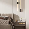 Modern Bedroom Interior With Striped Gray Bedhead Wooden Nightstand And Black Gold Wall Lamp
