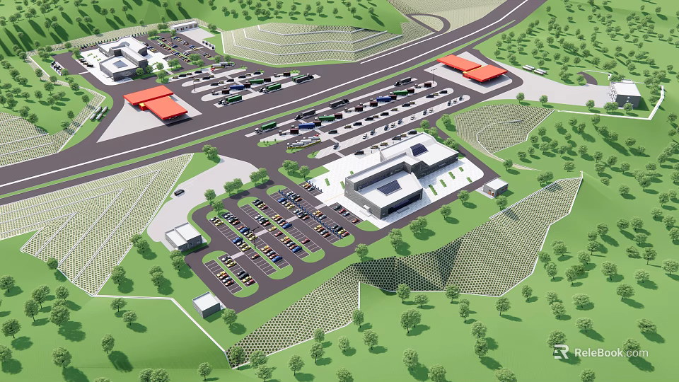 Aerial View Of Large Facility Complex With Parking Lots Vehicles Roads And Green Spaces 3d model 