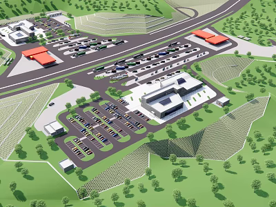 Aerial View Of Large Facility Complex With Parking Lots Vehicles Roads And Green Spaces 3d model