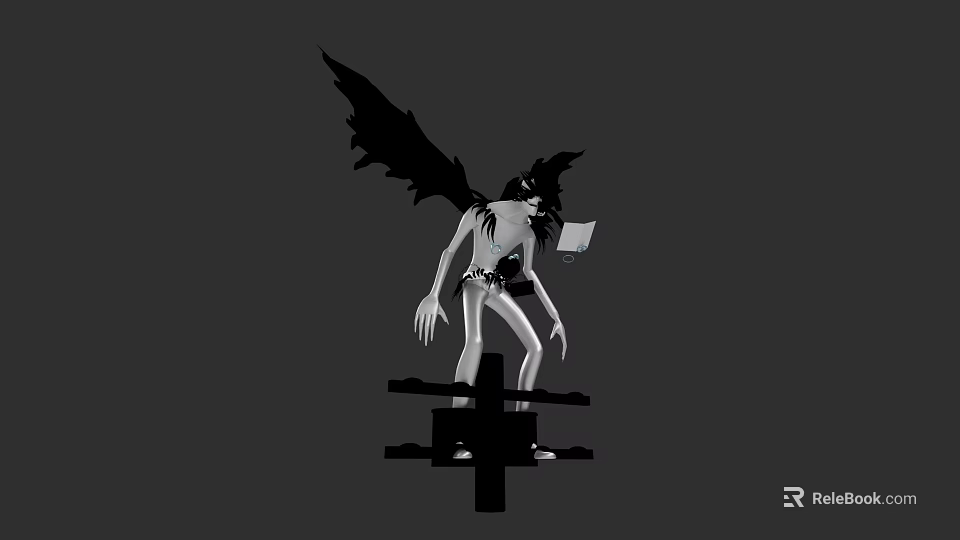 Game Movie Character With Large Black Wings Standing On Cross Platform Holding White Paper 3d model 