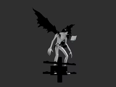 Game Movie Character With Large Black Wings Standing On Cross Platform Holding White Paper 3d model