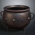Antique Bronze Cauldron With Dual Handles Three Legs And Triangular Studs