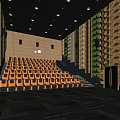 Modern Cinema Interior With Yellow Seats Large Screen Decorated Walls And Ceiling Lights