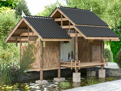Ancient Architecture With Wooden Structure Black Tiled Roof Over Pond And Stone Pillars 3d model