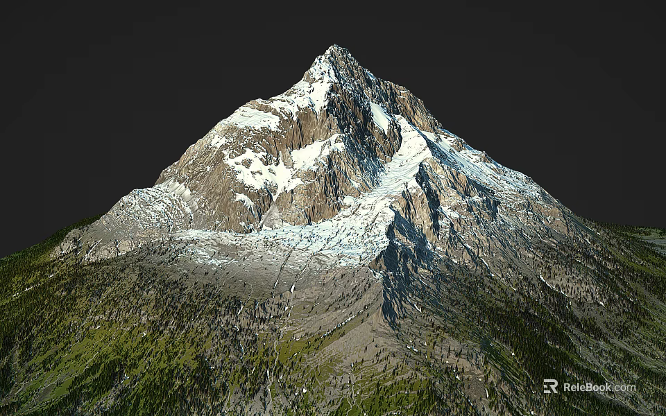 Scenic Mountain Landscape With Snow Capped Peak Rocky Slopes And Green Vegetation 3d model 