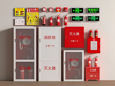 Essential Fire Safety Equipment With Red Fire Hydrants Extinguishers Emergency Lights Warning Signs And Cabinets 3d model