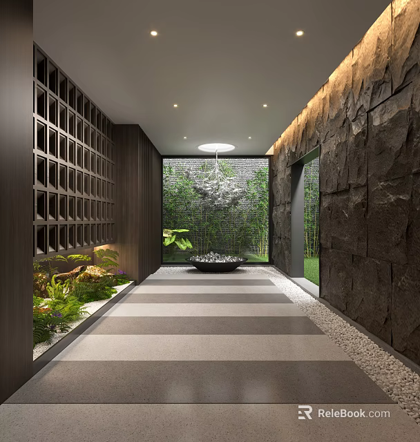 Modern Elevator Hallway With Stone Walls Lattice Panels Green Plants And Water Feature 3d model 