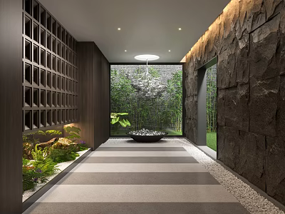 Modern Elevator Hallway With Stone Walls Lattice Panels Green Plants And Water Feature 3d model