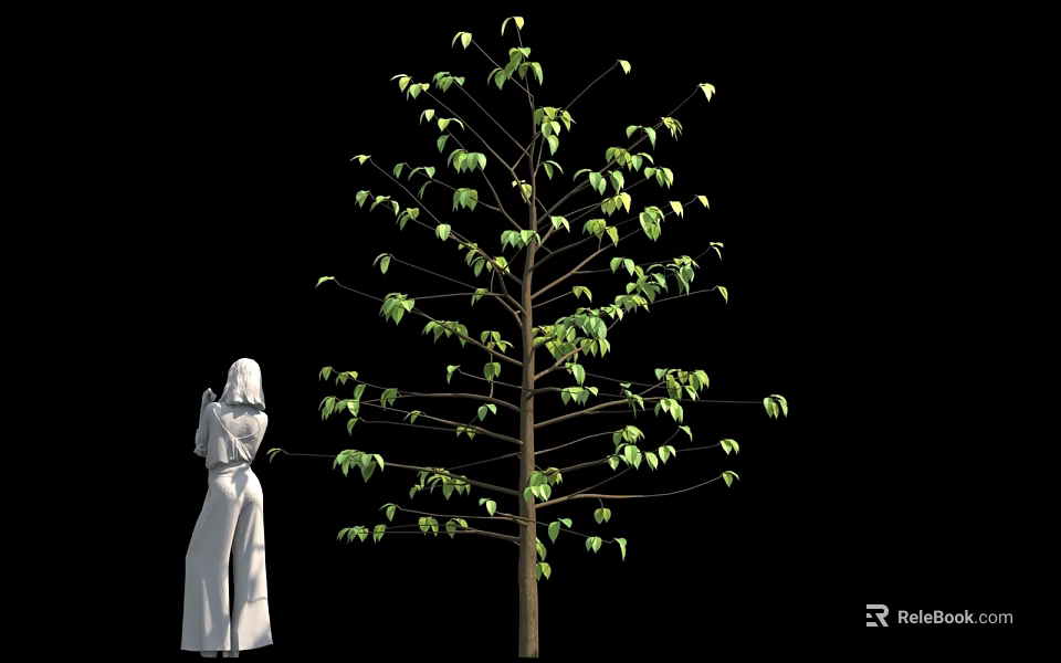 Tall Tree With Green Leaves And White Human Sculpture On Black Background 3d model 