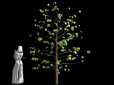 Tall Tree With Green Leaves And White Human Sculpture On Black Background 3d model