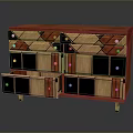 Artistic Wooden Cabinet With Geometric Patterns Red Black Panels Drawers And Doors Design