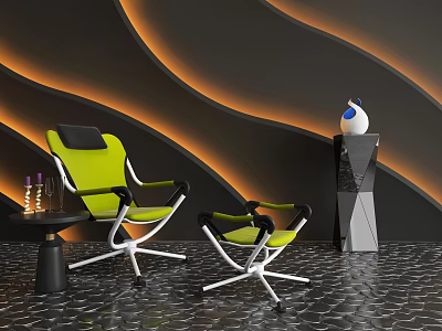Modern Green Office Chair With Black Accents Metal Frame Swivel Base And Side Table 3d model
