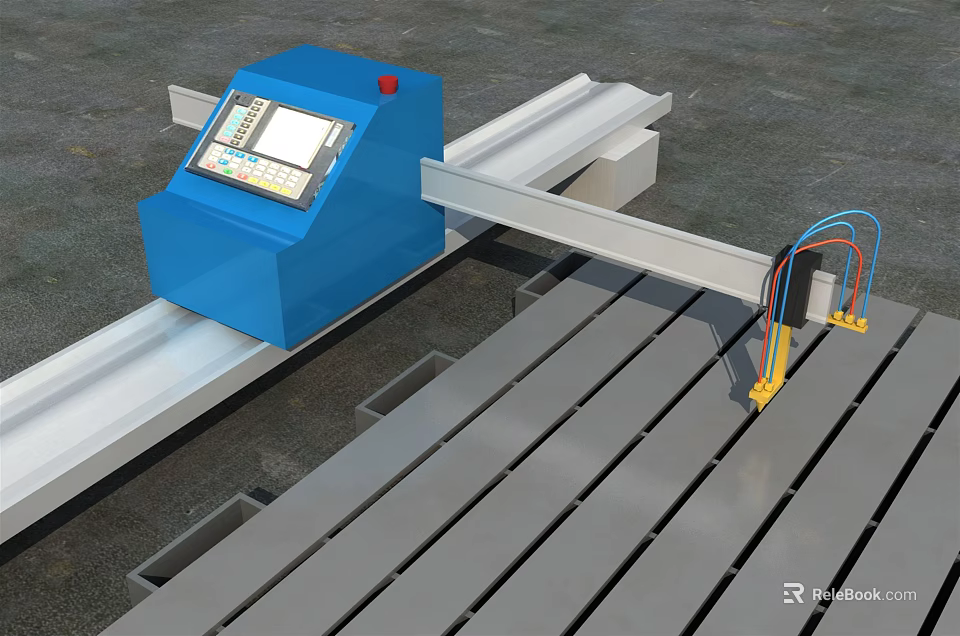Blue Industrial CNC Cutting Machine With Control Panel Metal Rail And Colored Cables 3d model