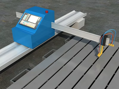 Blue Industrial CNC Cutting Machine With Control Panel Metal Rail And Colored Cables 3d model