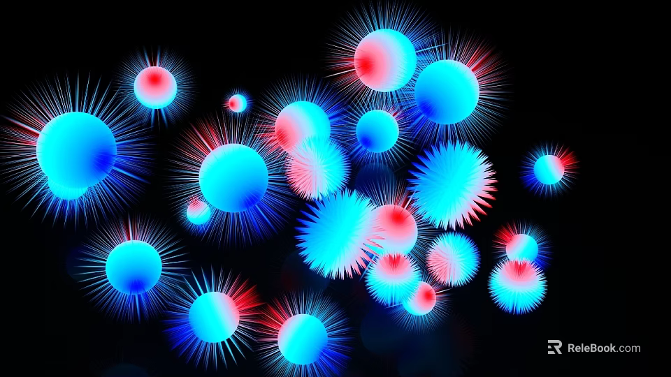 Colorful Blue And Red Spheres Art Installation With Radiant Light On Black Background 3d model 